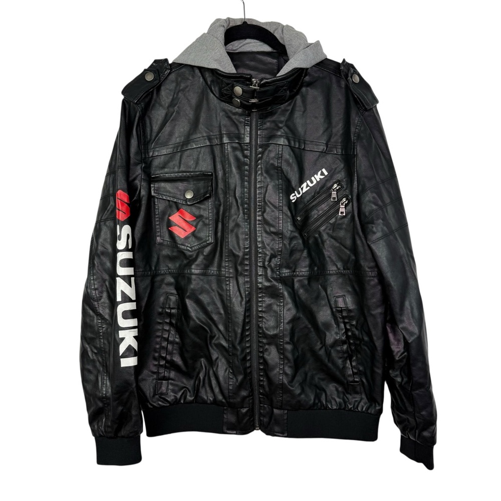 Suzuki Men's Black Faux Leather Motorcycle Jacket Hoodie Sz M